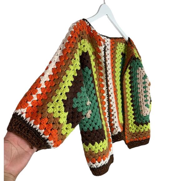 Hand Crochet Hexagon Green Brown 70's Style Crop Cardigan 3/4/ Sleeve Medium - Picture 2 of 9